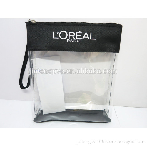 Clear TPU Plastic cosmetic bag with 600D polyester piping and long Handle